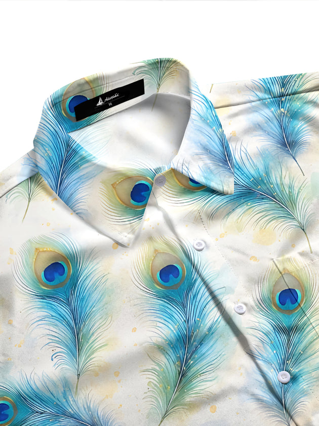 Adaychic Men's Hawaiian Peacock Feather Print Long Sleeve Shirt with Chest Pocket