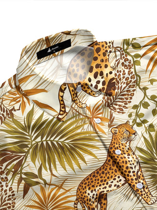 Adaychic Men's Hawaiian Leopard And Palm Leaves Print Long Sleeve Shirt with Chest Pocket