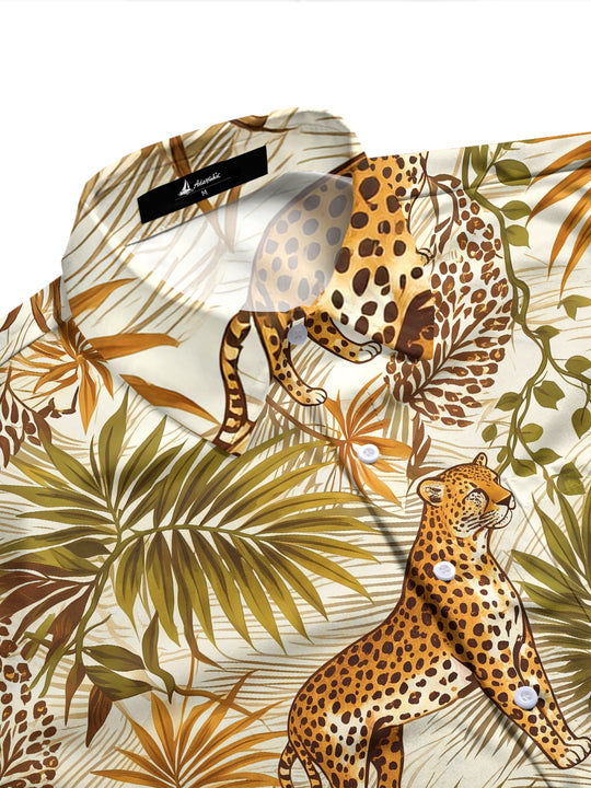 Adaychic Men's Hawaiian Leopard And Palm Leaves Print Long Sleeve Shirt with Chest Pocket