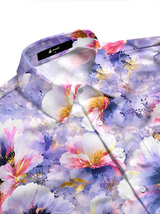 Adaychic Men's Hawaiian Purple Floral Print Long Sleeve Shirt with Chest Pocket