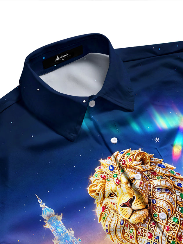 Adaychic Men's Long Sleeve Shirt - Winter Snow And Christmas Ornaments Print Gem Inlaid Lion Print with Chest Pocket