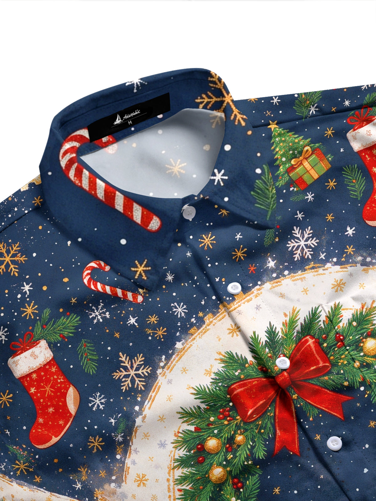 Adaychic Men's Christmas Wreath With Red Bows Print Long Sleeve Shirt with Chest Pocket