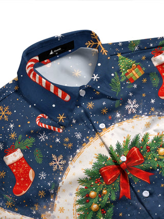 Adaychic Men's Christmas Wreath With Red Bows Print Long Sleeve Shirt with Chest Pocket
