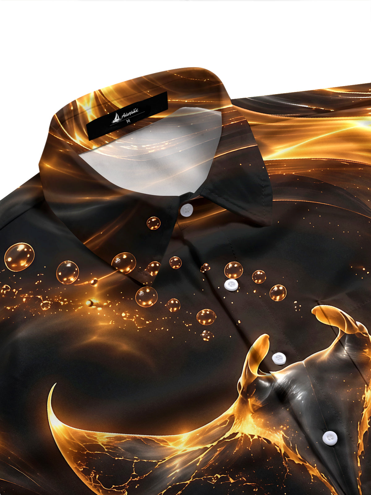 Adaychic Men's Manta Ray With Golden Bubbles And Waves Print Short Sleeve Shirt with Chest Pocket