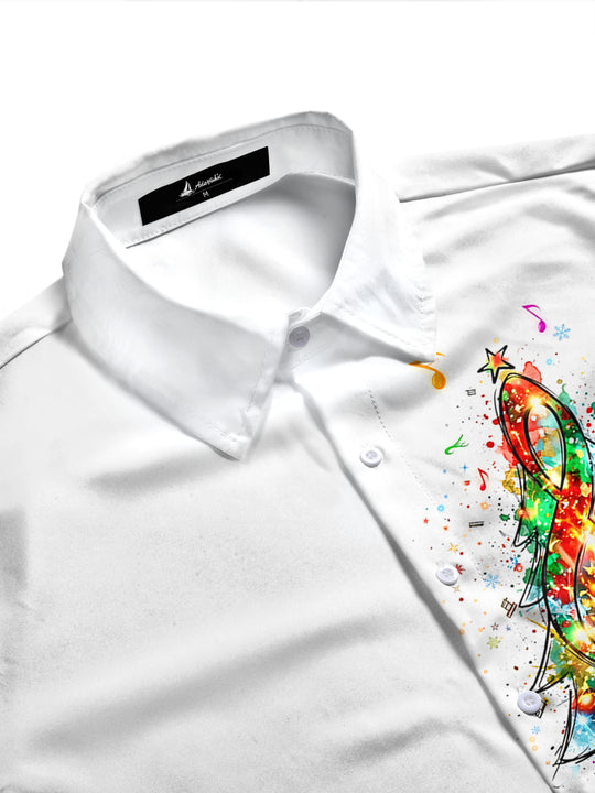 Adaychic Men's Graphic Christmas Tree And Musical Notes Print Long Sleeve Shirt with Chest Pocket