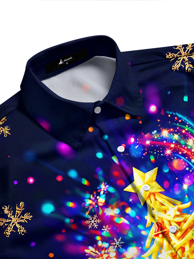 Adaychic Men's Graphic French Fries Christmas Tree Print Long Sleeve Shirt with Chest Pocket