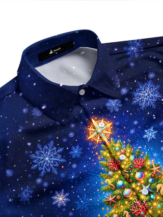Adaychic Men's Graphic Sea Turtle And Christmas Tree Print Long Sleeve Shirt with Chest Pocket