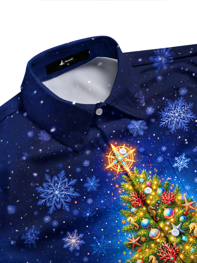 Adaychic Men's Graphic Sea Turtle And Christmas Tree Print Long Sleeve Shirt with Chest Pocket