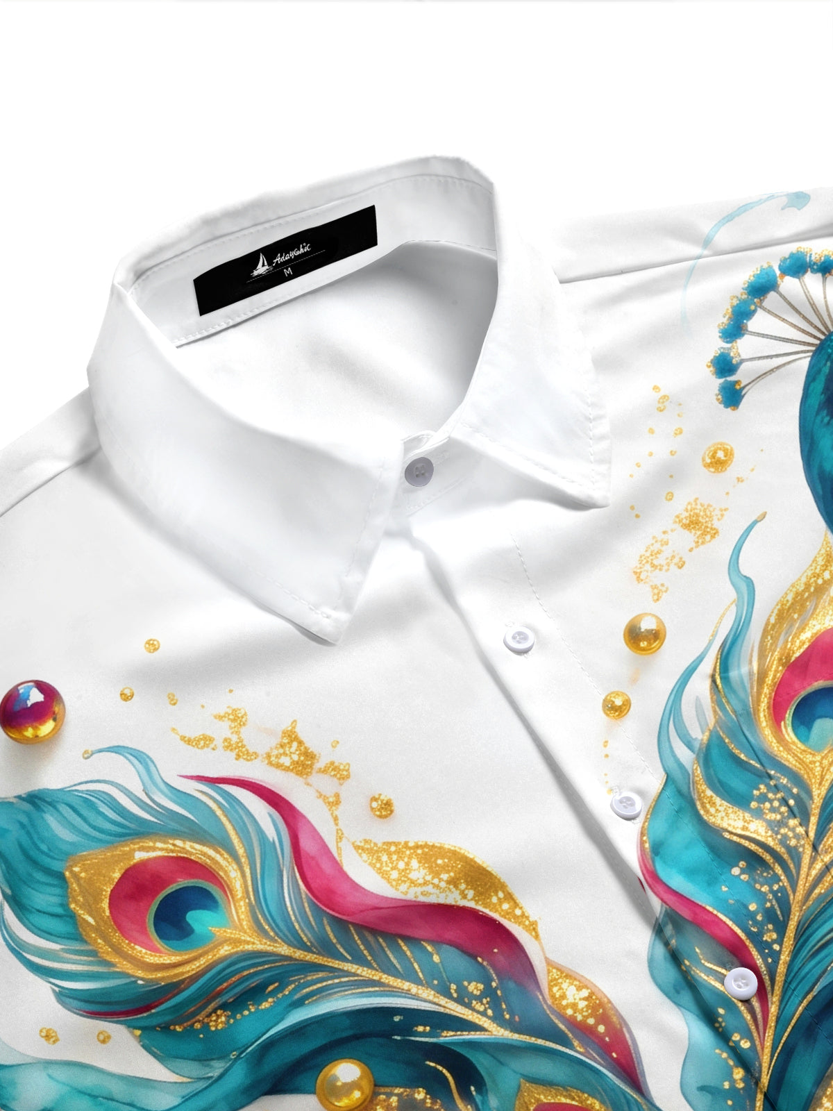 Adaychic Men's Hawaiian Peacock And Peacock Feathers Print Short Sleeve Shirt with Chest Pocket