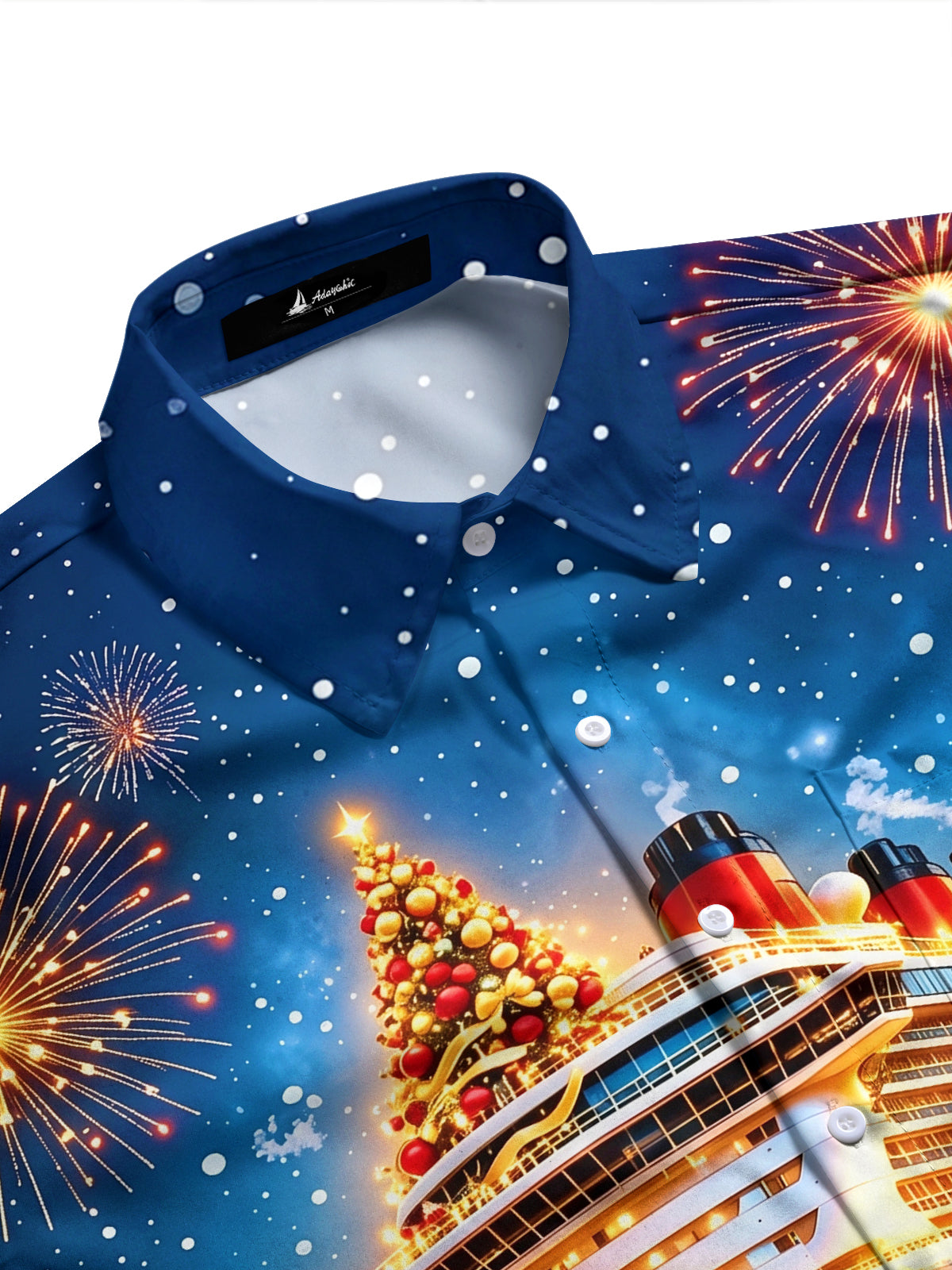 Adaychic Men's Graphic Christmas Cruise Ship Print Long Sleeve Shirt with Chest Pocket