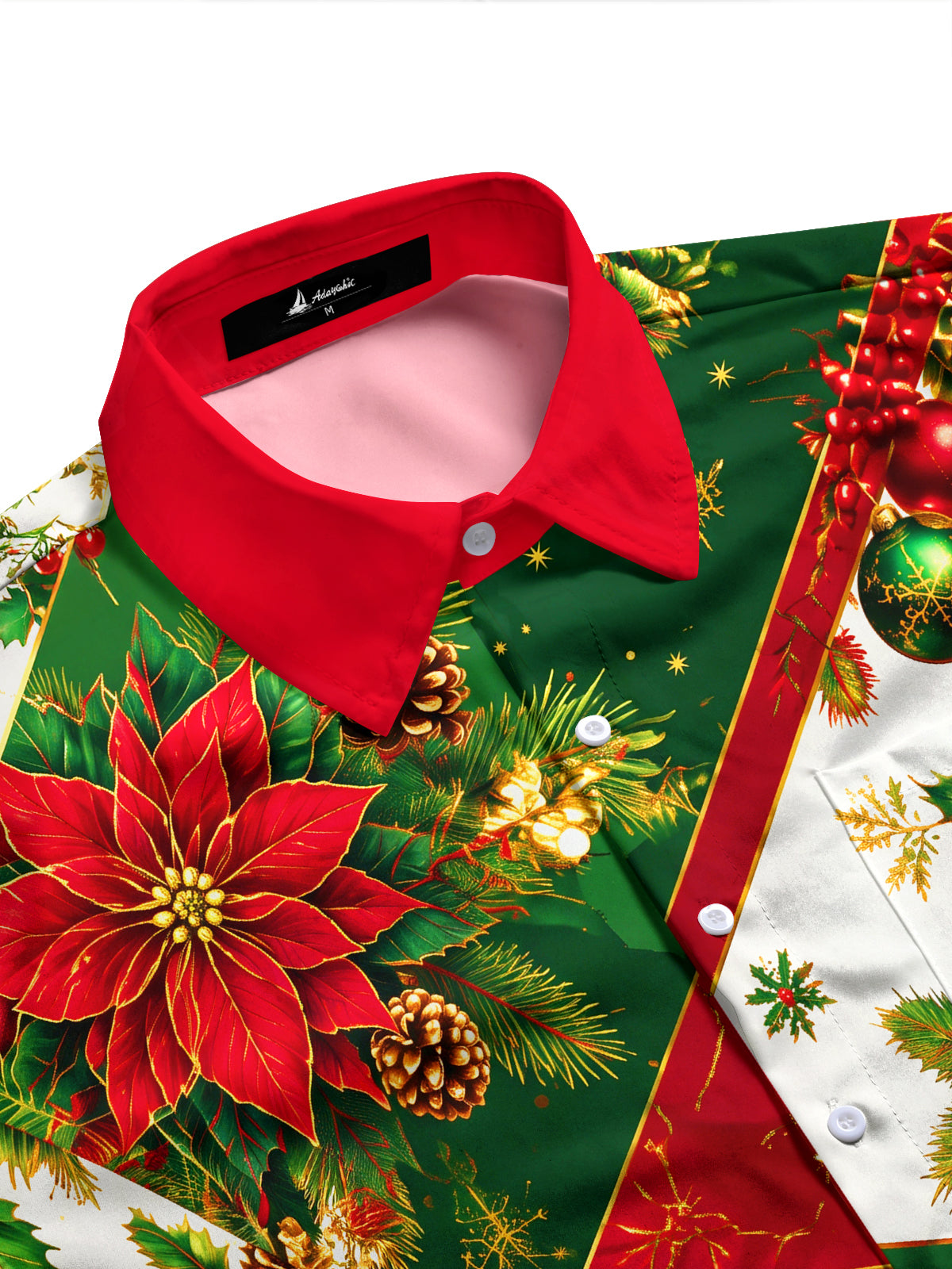 Adaychic Men's Christmas Poinsettias And Ornaments Print Long Sleeve Shirt with Chest Pocket