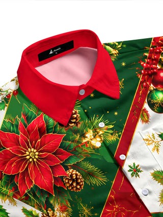 Adaychic Men's Christmas Poinsettias And Ornaments Print Long Sleeve Shirt with Chest Pocket