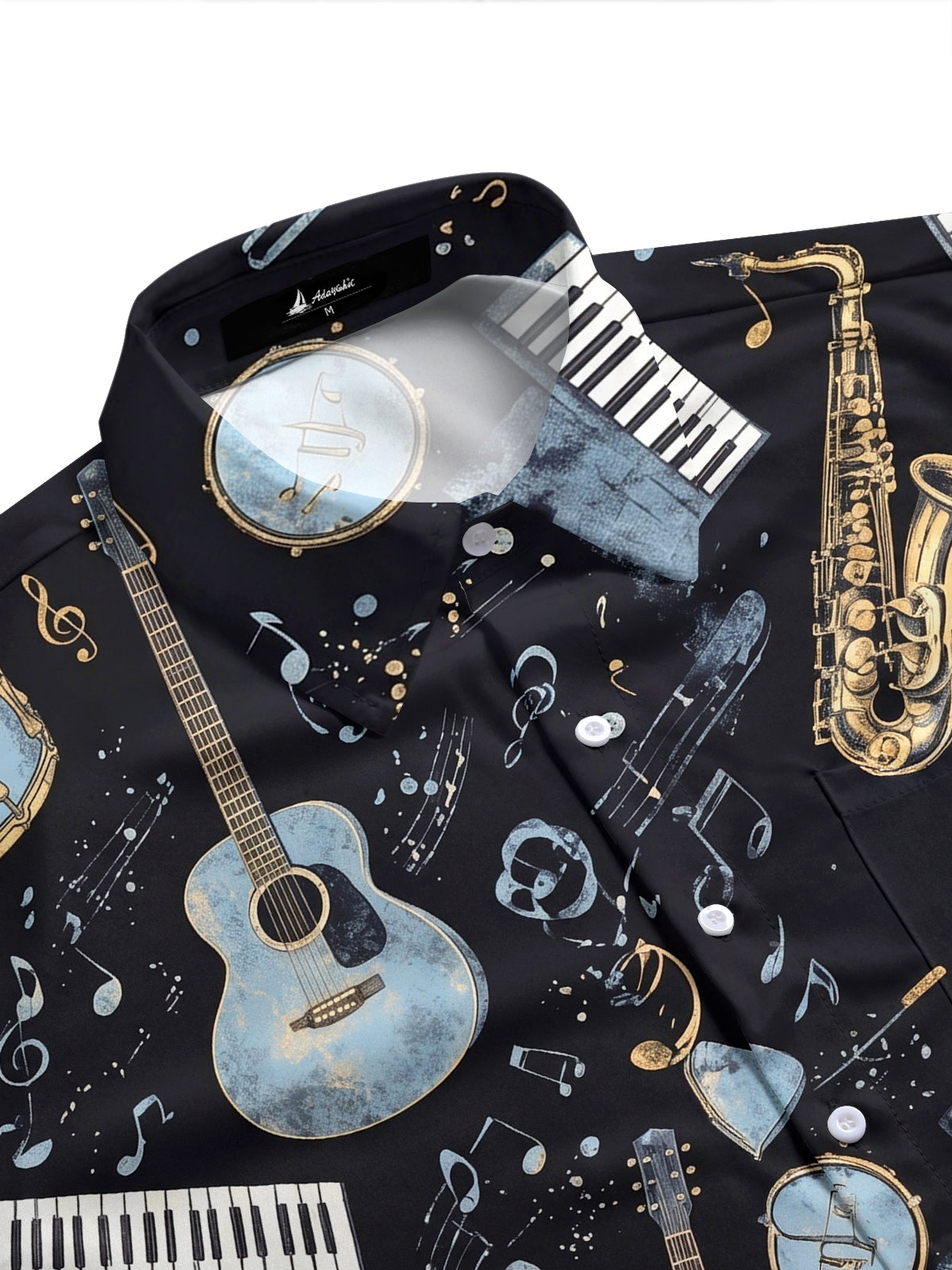 Adaychic Men's Hawaiian Musical Instruments Print Short Sleeve Shirt with Chest Pocket
