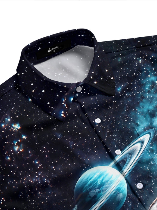 Adaychic Men's Graphic Interstellar Train And Planet Print Short Sleeve Shirt with Chest Pocket