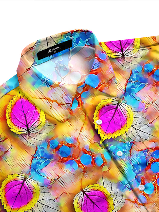 Adaychic Men's Hawaiian Colorful Leaf Pattern Long Sleeve Shirt with Chest Pocket