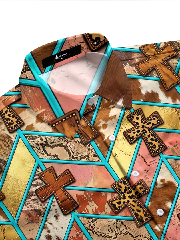Adaychic Men's Long Sleeve Shirt - Crosses With Animal Prints And Geometric Lines Print with Chest Pocket