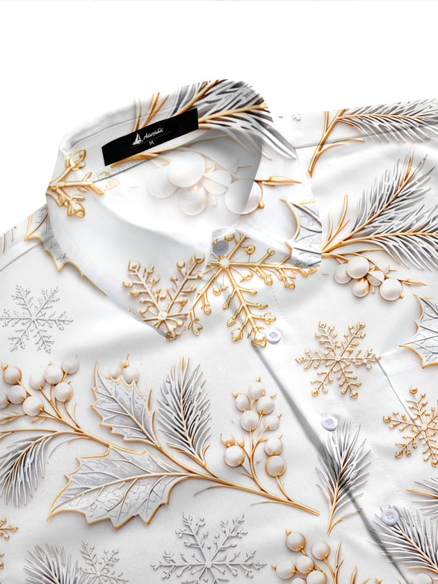 Adaychic Men's Winter Snowflakes And Winter Leaves Print Short Sleeve Shirt with Chest Pocket