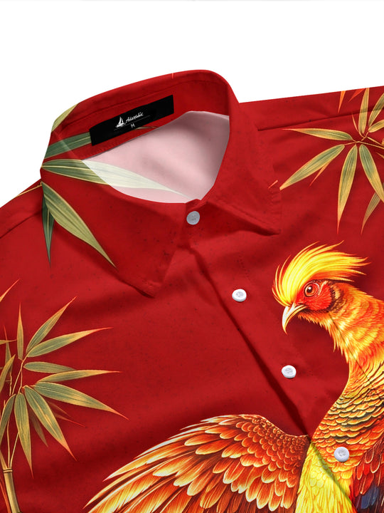 Adaychic Men's Golden Pheasant Print Short Sleeve Stand Collar Shirt with Chest Pocket