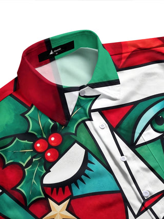 Adaychic Men's Long Sleeve Shirt - Abstract Geometric Face With Christmas Elements Print with Chest Pocket