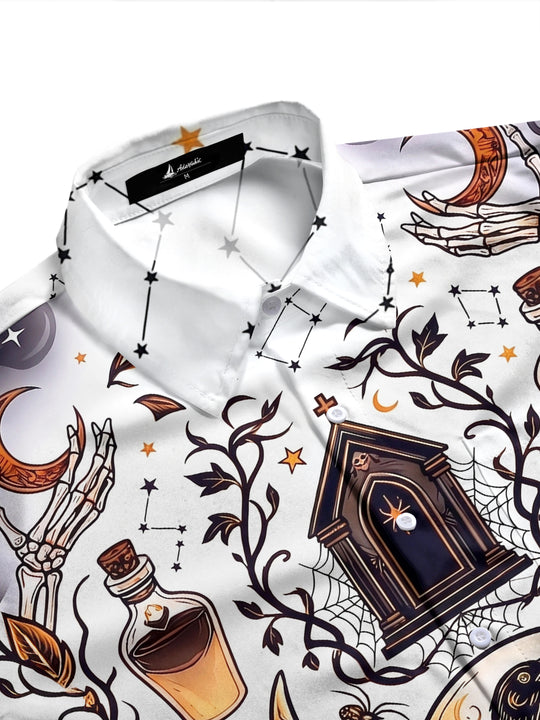 Adaychic Men's Graphic Halloween Skull And Raven Print Long Sleeve Shirt with Chest Pocket
