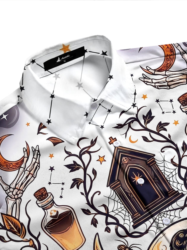 Adaychic Men's Graphic Halloween Skull And Raven Print Long Sleeve Shirt with Chest Pocket