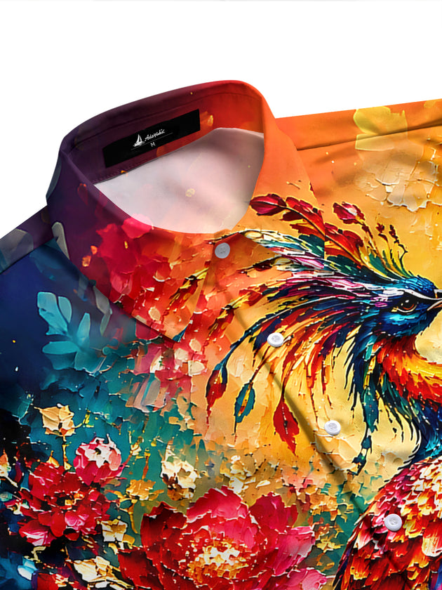 Adaychic Men's Hawaiian Peacock Bird Print Floral Pattern Long Sleeve Shirt with Chest Pocket