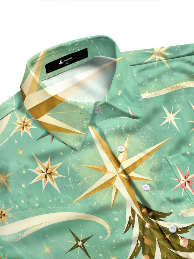 Adaychic Men's Christmas Tree And Winter Landscape Print Long Sleeve Shirt with Chest Pocket