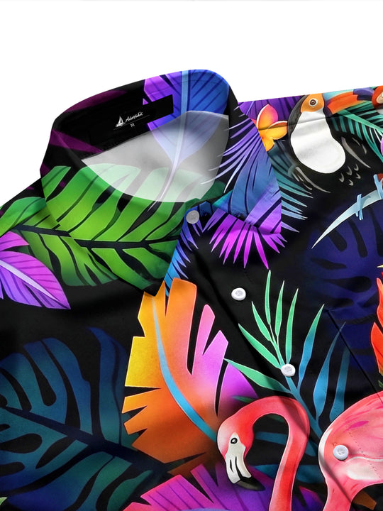 Adaychic Men's Hawaiian Flamingo Print Tropical Flowers Print Long Sleeve Shirt with Chest Pocket