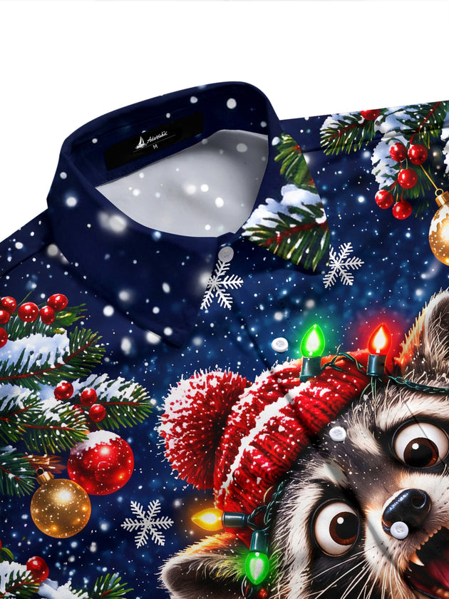Adaychic Men's Raccoon With Christmas Lights And Hat Print Long Sleeve Shirt with Chest Pocket