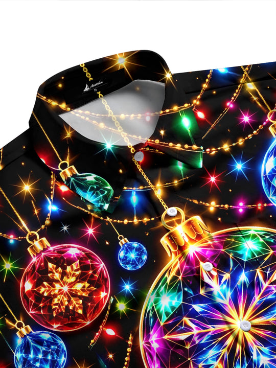 Adaychic Men's Graphic Christmas Ornaments And Lights Print Long Sleeve Shirt with Chest Pocket