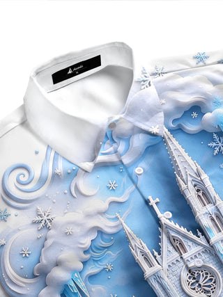 Adaychic Men's Graphic Ice Castle And Winter Landscape Print Short Sleeve Shirt with Chest Pocket
