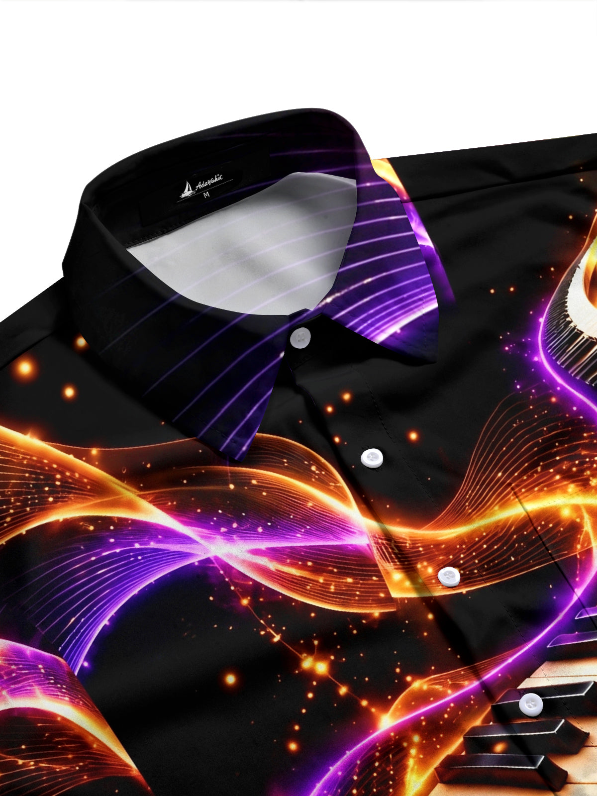 Adaychic Men's Abstract Piano Keys And Neon Light Waves Print Long Sleeve Shirt with Chest Pocket