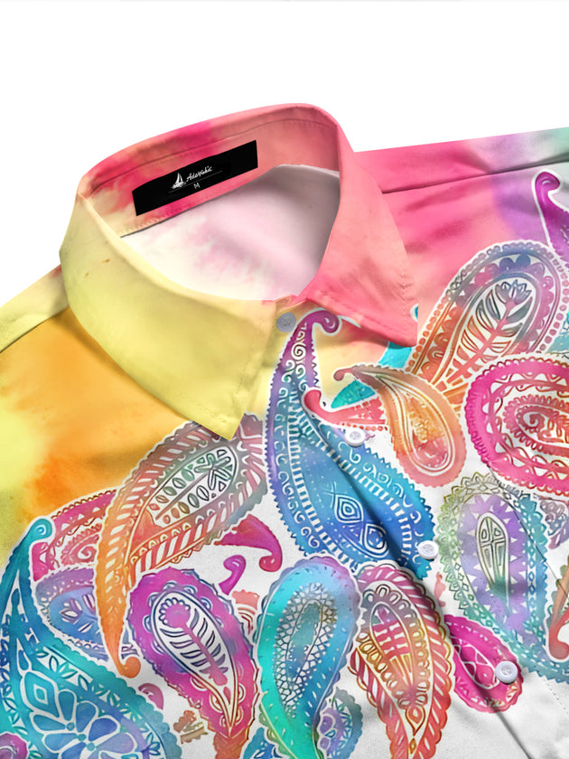 Adaychic Men's Printed Colorful Paisley Print Long Sleeve Shirt with Chest Pocket