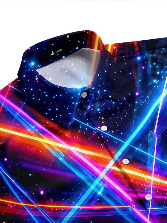 Adaychic Men's Neon Geometric Light Rays And Stars Print Short Sleeve Shirt with Chest Pocket