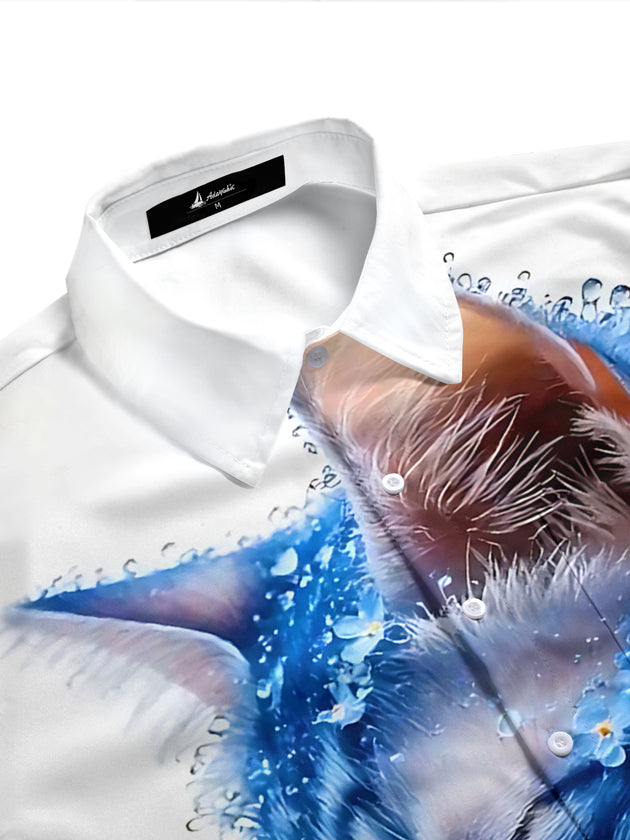 Adaychic Men's Printed Blue Cat Portrait Print Short Sleeve Shirt with Chest Pocket