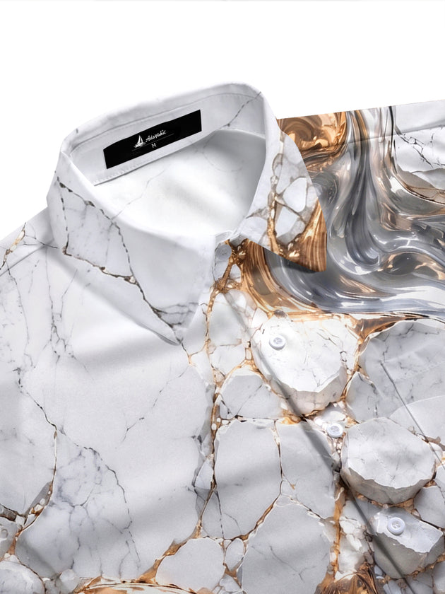 Adaychic Men's 3D Marble Texture Print Short Sleeve Shirt with Chest Pocket