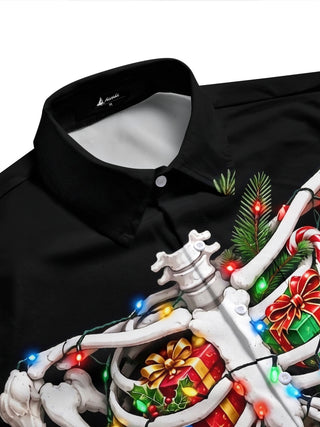 Adaychic Men's Graphic Christmas Skeleton Print Short Sleeve Shirt with Chest Pocket