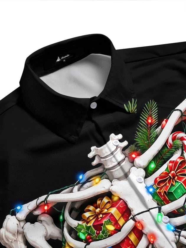 Adaychic Men's Graphic Christmas Skeleton Print Short Sleeve Shirt with Chest Pocket