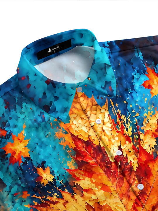 Adaychic Men's Hawaiian Maple Leaf Autumn Pattern Short Sleeve Shirt with Chest Pocket