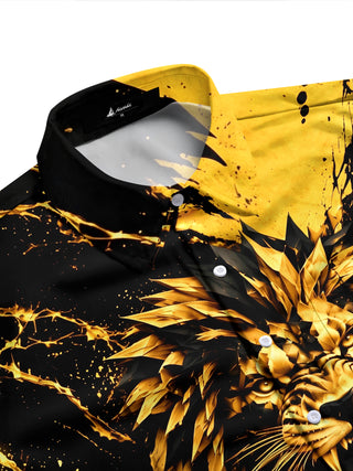 Adaychic Men's Graphic Geometric Lion Face Print Long Sleeve Shirt with Chest Pocket