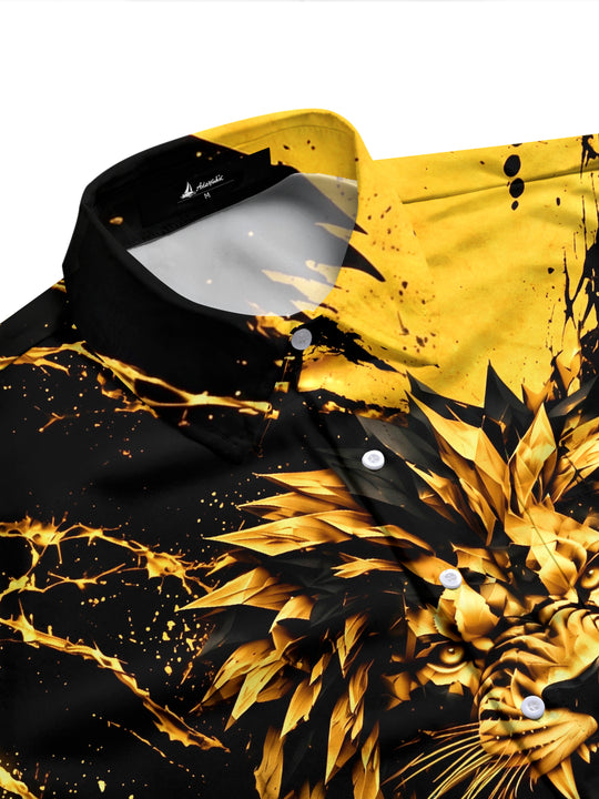 Adaychic Men's Graphic Geometric Lion Face Print Long Sleeve Shirt with Chest Pocket