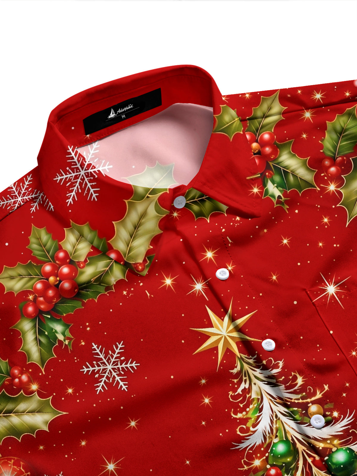 Adaychic Men's Printed Christmas Tree Print Snowflakes Print Long Sleeve Shirt with Chest Pocket