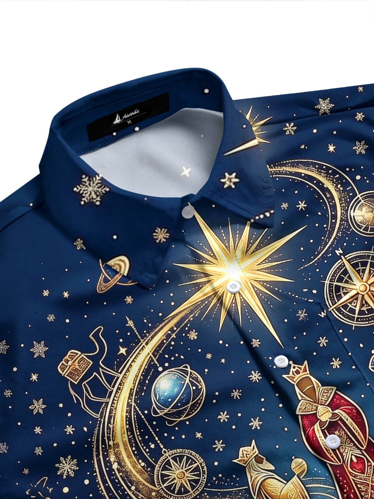 Adaychic Men's Three Wise Men And Christmas Ornaments Print Long Sleeve Shirt with Chest Pocket