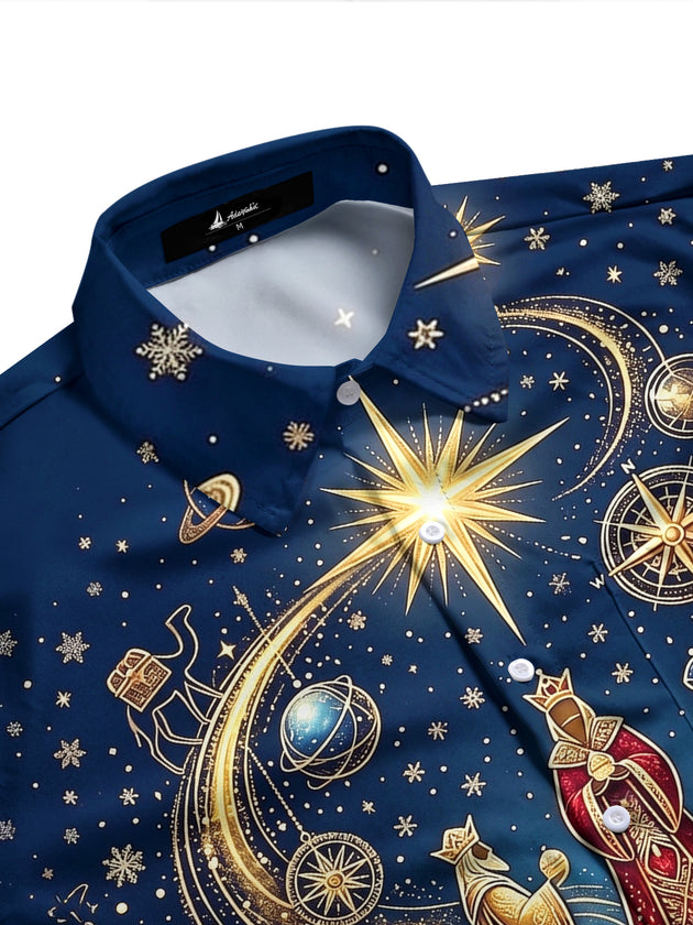 Adaychic Men's Three Wise Men And Christmas Ornaments Print Long Sleeve Shirt with Chest Pocket