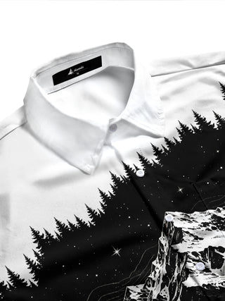 Adaychic Men's Printed Snowy Mountains And Forest Print Long Sleeve Shirt with Chest Pocket