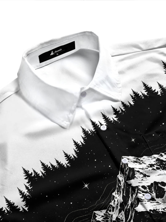 Adaychic Men's Printed Snowy Mountains And Forest Print Long Sleeve Shirt with Chest Pocket