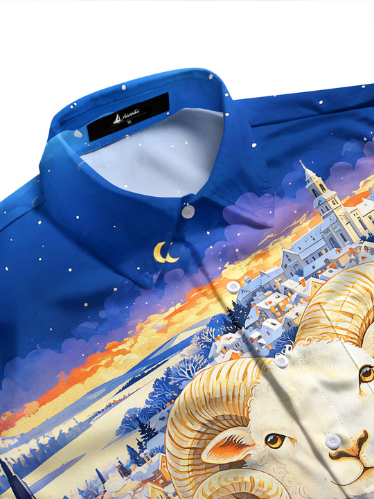 Adaychic Men's Graphic Big Horn Sheep Print Long Sleeve Shirt with Chest Pocket