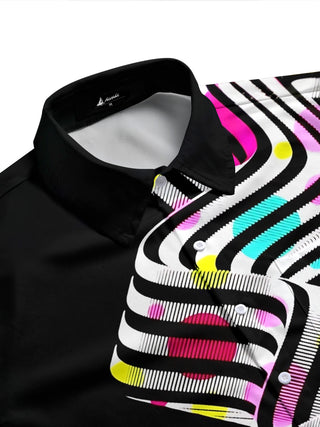 Adaychic Men's Printed Abstract Wavy Lines Print Short Sleeve Shirt with Chest Pocket
