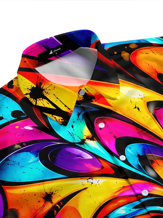 Adaychic Men's Short Sleeve Shirt - Abstract Psychedelic Swirls And Splatters Print with Chest Pocket