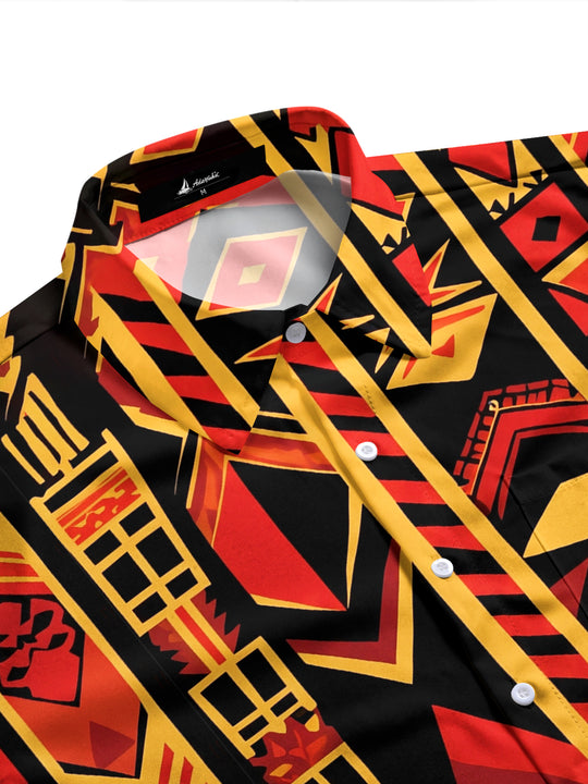 Adaychic Men's Vintage Style Geometric Tribal Pattern Long Sleeve Shirt with Chest Pocket